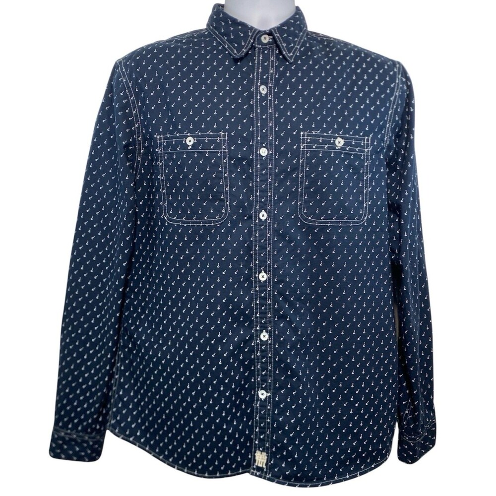 Desigual Shirt Mens Size Large Blue All Over Print Button Up Cotton Long Sleeve